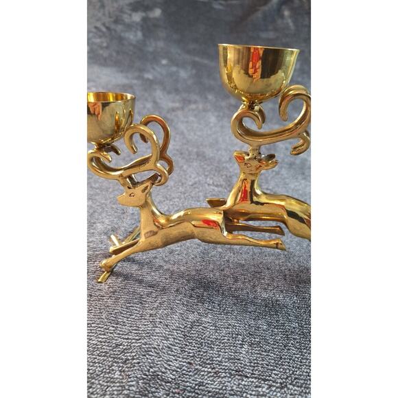 Brass Jumping Reindeer Triple Tealight/Votive Candle Holder Christmas Holiday - Picture 4 of 15
